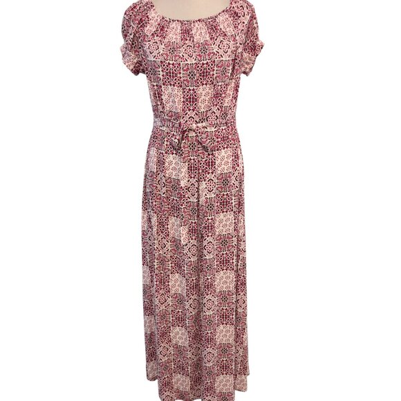 Ann Taylor Loft Womens Size M Maroon Pink Geometric Tile On/Off Shoulder Dress - Picture 3 of 10